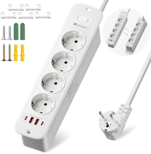 Sefitopher (12 in 1) Steckdosenleiste 8 Fach mit 4 USB PD 20W, Einbausteckdose mit Schalter 2 Meter Kabel für Phone und Haushaltsgeräte für Büros, Schreibtisch oder Schlafzimmer 4000W Weiß