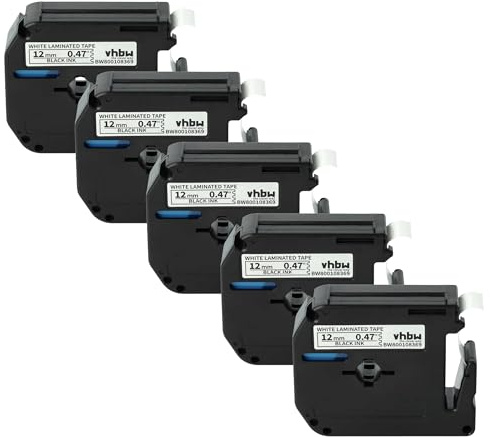 vhbw 5x Schriftband-Kassette kompatibel mit Brother P-Touch 65 | 65SL, 70, 65SCCP, 55S, 65SB, 65VP, 55BM Etiketten-Drucker 8m x 12mm Schwarz auf Weiß