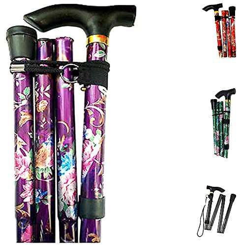 PLASTIFIC Walking Stick, Easy Adjustable Height Folding Extendable Walking Cane, Lightweight Flexible and Durable Walking Aid Mobility Aid Collapsible Walking Stick (A-Purple Floral)