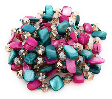 BRANDELIA Collares Largos de Colores Mujer Bisutería de Nácar y Perlas de Cristal, Fucsia Turquesa
