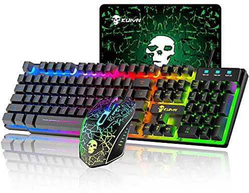 Kabelgebundene Tastatur-Maus, RGB Hintergrundbeleuchtung mechanisches Gefühl ergonomische USB-Gaming-Tastatur, Anti-Ghosting-Tasten, 2400DPI 6 Tasten RGB-LED-Gaming-Maus + Gaming-Mauspads (schwarz)