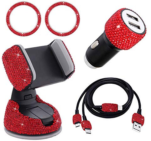 Auto Zubehör Innenraum Frauen Glitzer, Auto Dekoration Innenraum Frauen, Autozubehör Bling Bling Car Accessories Kristall Usb Adapter, Usb Kabel Micro/type C, Handyhalterung (rot, 5pc Set)