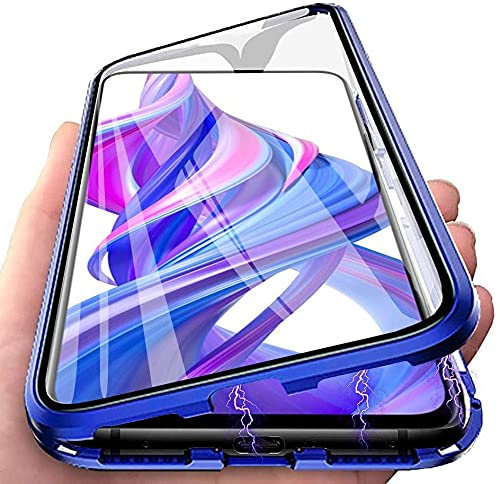 LIUKM Hülle für Huawei P30 lite Magnetische Adsorption Handyhülle 360 Grad Stoßschutz Vorne hinten Gehärtetes Glas Schutzhülle Metallrahmen Cover Case - Blau