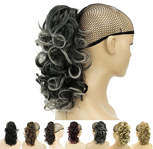 IMISSU Capelli ricci disordinati Estensioni dei capelli coda di cavallo con artiglio corto Clip coda di cavallo con ganascia in posticci per le donne (Nero Ombre Grigio)
