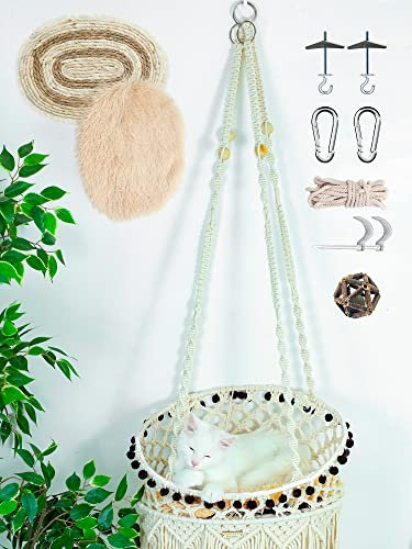 Katzen-Makramee-Hängematte für größere Katzen, hängendes Katzenbett, Stuhl, Boho-Katzenschaukelbett mit Katzenminze-Kissen und Kratzmatte