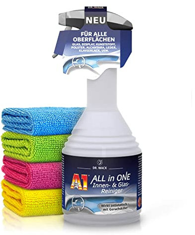 Autopflege Set: Dr. Wack ALL in ONE Innenreiniger Glasreiniger & Kunststoffreiniger + Shiny Freaks Edgeless Allrounder Premium Mikrofasertuch 200GSM | 2-teilig