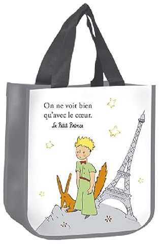 KIUB - Einkaufstasche aus recyceltem Material – Motiv: kleiner Prinz sitzend am Eiffelturm von Paris und besinnt seine Rose – Format 31 x 26 cm mit einer Dicke von 18 cm, weiß
