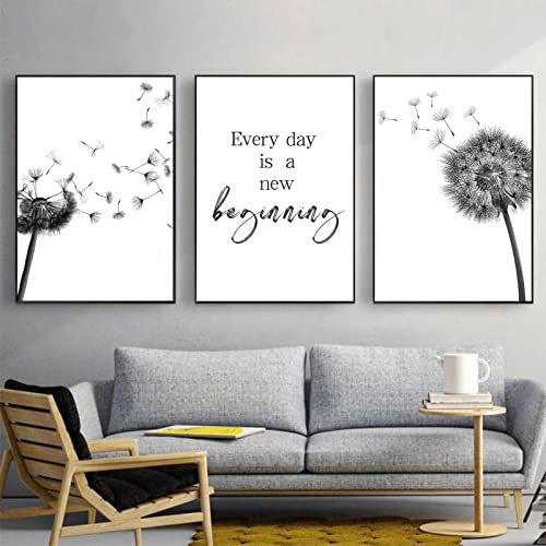 Trayosin 3er Set Premium Design-Poster Set, Moderne Schwarz Weiß Wandbilder Pusteblume Feder Leinwand, Löwenzahn Blume Wandbild Kunstposter für Wohnzimmer Deko Ohne Rahmen (40x50cm)