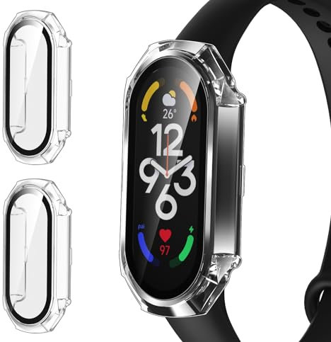 iVoler 2 Pezzi Cover per Xiaomi Smart Band 9/8 / Xiaomi Mi Band 9/8 con Vetro Temperato, Copertura Completa Sottile Custodia Trasparente Rigida PC, HD Clear Pellicola Protettiva Anti-Graffio Case