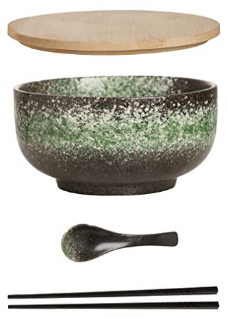 Cteahrow Ensemble en céramique bol ramen (4 pièces) avec baguettes cuillère, grand bol à soupe 1100 ML, saladiers pour soupe, pho et bol à sushi(Ensemble bol vert)