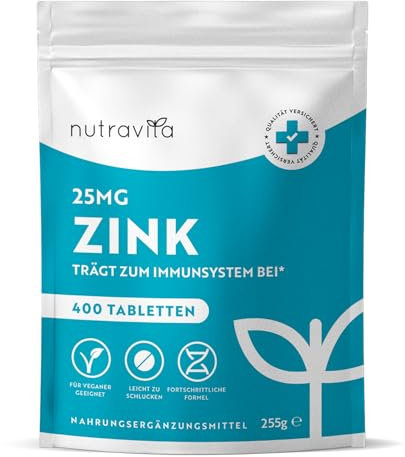 Zinc 25mg Alta Dosis - 400 Comprimidos Vegano - Zinc Capsulas Alternativa - Contribuye al Funcionamiento Normal de Sistema Inmunológico, Cabello, Piel, Uñas y Visión - Gluconato de Zinco - Nutravita