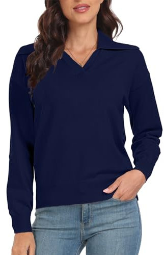 PrinStory Damen Pullover Langarm Strickpullover Sweaters Für Damen Reverskragen V-Ausschnitt Kausale Sweatshirts Warm Winter Herbst Strickwaren (Marineblau, L)