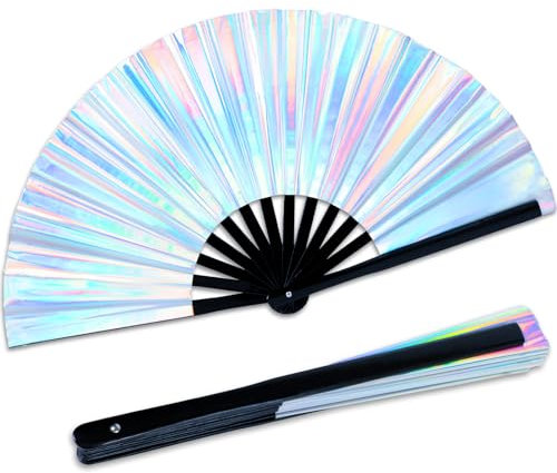 Qyeahkj Large Folding Hand Rave Fan, Festival Clack Handheld Bamboo Fan, Silver Laser Glitter Hand Fan Decorative Folding Fans for Women Men Iconic Fan Party Renaissance Decor, QB0097