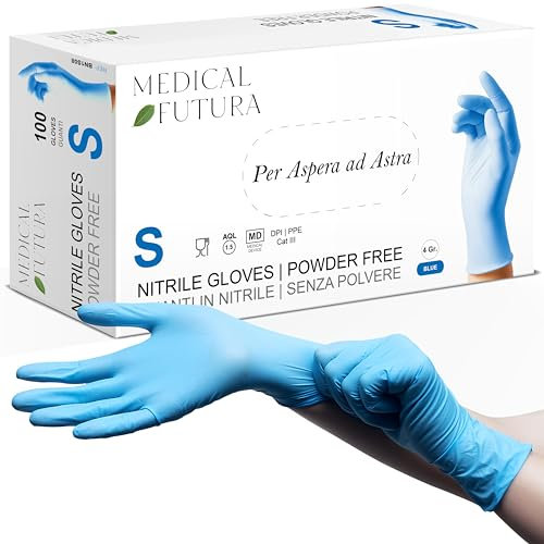 MEDICAL FUTURA - 100 Guanti in Nitrile S Blu Monouso Anallergici Gr. 4.0, Senza Polvere, Senza Lattice, Ottimi per Estetisti, Tatuatori, Officine, Ambiti Medici e Manipolazione Alimenti (S, Blu)