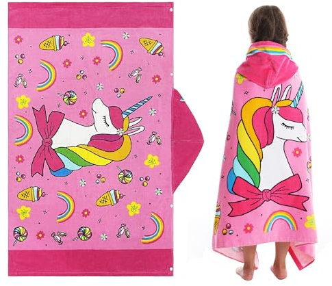 FLYISH DIRECT Badeponcho Kinder 100% Baumwolle Kinderhandtuch Poncho Kinder Badetuch Handtuch mit Kapuze Strandtücher für Jungen und Mädchen, 127 x 76cm