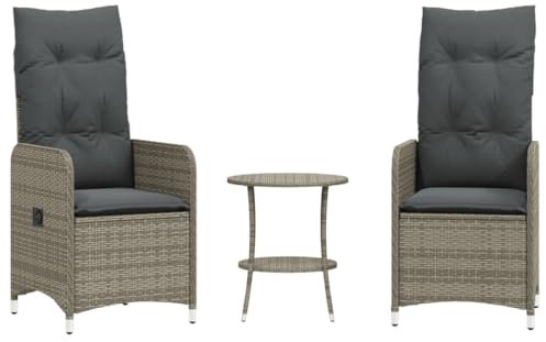 vidaXL Gartensessel mit Tisch 2 STK., Gartenstuhl Verstellbare Rückenlehne, Loungesessel für Garten Terrasse, Relaxsessel, Grau Poly Rattan