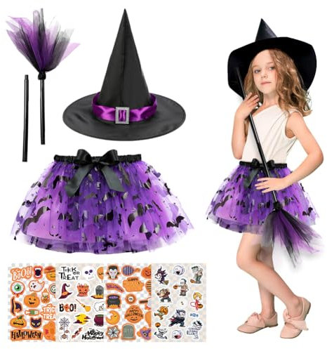 Disfraz De Bruja De Halloween,Disfraz Bruja Niña Tutu 3-8 Años,Faldas De Tutú De Hadas Con Sombrero De Bruja,Escoba Y 4 Pegatinas De Halloween,Para Halloween Carnaval Cosplay Fiesta (Púrpura)