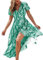 CUPSHE Women Summer Wrap Maxi Dress Casual Split Flared Sleeve V-Neck Ditsy Tie Waist Ruffle Beach Dress Green Floral XL