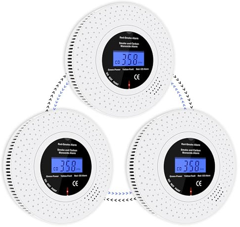 Scondaor Détecteur de Fumée et de Monoxyde de Carbone interconnecté sans Fil, Détecteurs de Fumée pré-connectés, Pile AA remplaçable Incluse, Alarme pour Fumée et CO avec écran LCD, Lot de 3