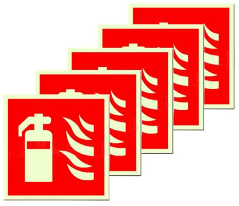 COZERI 5 Stk Schild Feuerlöscher Selbstklebend Nachleuchtend 15x15 cm Hochwertiges PVC Brandschutzzeichen für Haus Büro Baustelle und Auto Sicherheitsmarkierung Nach ISO für optimale Sichtbarkeit