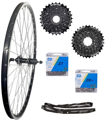 28 Zoll Hinterrad Hohlkammer Geöst mit Hohlachse, mit Scheibenbremsaufnahme, mit Auswahl Kranz/Kette, Schwarz-Silber (Hinterrad + 8er Kranz + Kette)