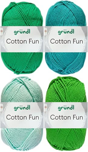 4x50 Gramm Gründl Cotton Fun Häkelgarn aus 100% Baumwolle inkl. Anleitung für Einkaufsnetz Bunt Mix Set (Set 4 (Grün Mix))