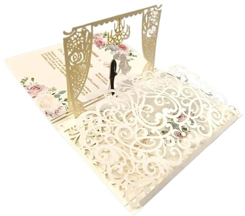 3D-Pop-Up-Karte, dreifach gefaltete Tasche, Hochzeitseinladungskarte, lasergeschnittene Einladungsgrußkarte(Beige)