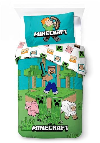 Minecraft Bedlinen Single Size | Duvet Cover 140x200 cm + Pillowcase 60x65 cm, 100% Cotton | Soft, Colorful & Reversible Bedding Set for Kids | Minecraft ''Jungle Explore'' Design