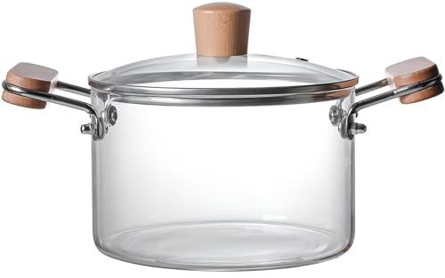 Kochtopf, 3 l, Glas-Simmertopf, Suppentopf, Herdtopf, Glas-Kochtopf mit Deckel und Holzgriff, Glas-Kochgeschirr zum Kochen von Nudeln, Milch und Lebensmitteln