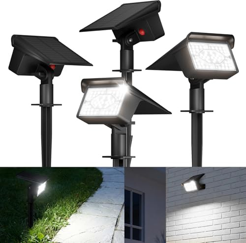 FLOWood IP68 Solarstrahler für Außen mit 60 LED, Kaltweiß, 4 Stück | Solarlampen für Außen, 3 Helligkeitsmodi, 1500 mAh Akku, IP68 wasserdicht, für Garten, Rasen, Auffahrt, Gehweg und Terrasse