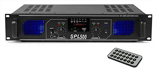 Skytec SPL-500 Stereo Power Amplifier 500W with USB, SD, MP3, FM Radio, 2 Channel Audio Amplifier for DJ PA Systems, Home HiFi, 19 Inch Rack Mount (Black)
