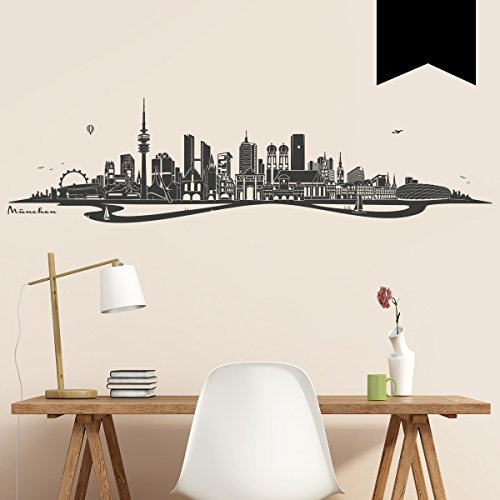 WANDKINGS Wandtattoo Skyline München mit Fluss 120 x 31 cm - Schwarz - 35 Farben zur Wahl