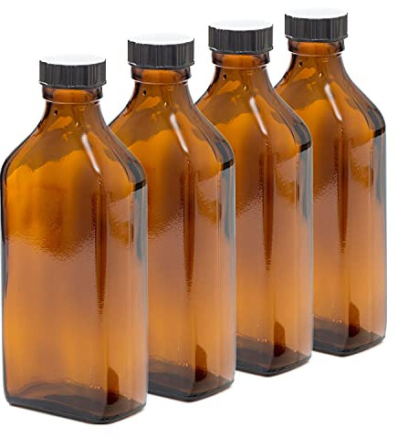 Aura 200ml Rectangular AMBER Glass Bottle with BLACK Lid - PACK of 4
