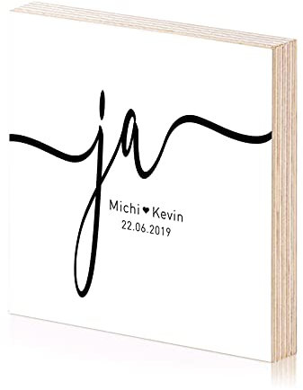 Ja Hochzeitsgeschenk Holzbild zum hinstellen oder aufhängen mit Spruch auf Holz als Geschenk-Idee zur Hochzeit Jahrestag Verlobung Valentinstag (Weiß)