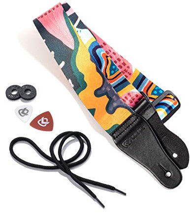 KLIQ Gewebter Retro-Gitarrengurt für Akustik- und E-Gitarren, 60er Jahre, Jacquardgewebe, Hootenanny-Stil, 2 Gummi-Gurtsicherungen im Lieferumfang enthalten, Artist Series-Anemone