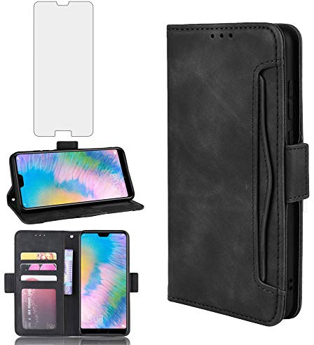Asuwish Handyhülle für Huawei P20 Pro Hülle mit Glas Folie Schutzfolie Kartenfach Klappbar Leder Geldbörse Ständer Hawaii P 20 20Pro CLT-L29 CLT-L09 Handy Hüllen Schutzhülle Cover Phone Case Schwarz