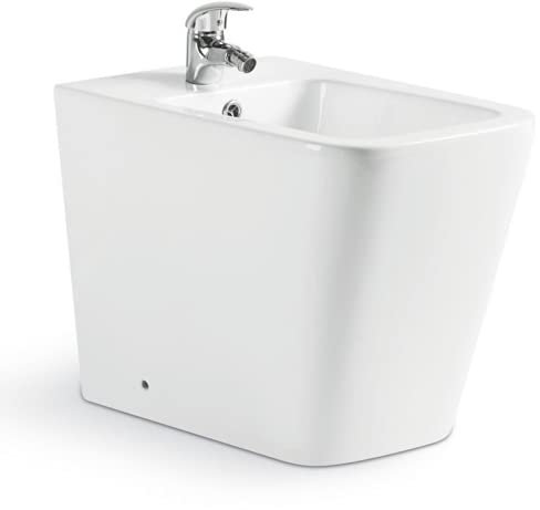 Bidé de porcelana blanco modelo Cube, lineas modernas con forma rectanngular, compacto adosado a la pared y de instalación a suelo. Incluye fijaciones.