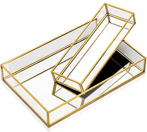 Lyellfe 2 Pack Perfume Trays, Gold Vanity Tray, Decorative Gold Mirror Tray, Non Slip Rectangular Perfume Tray, Jewelry, Bathroom