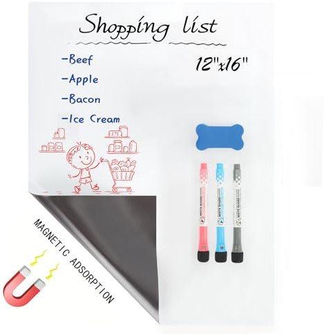 16inx12in Magnetic Dry Erase Whiteboard Sheet for Fridge-A3 Size Planner,Reminder or to Do List Magnetic Whiteboard-Kitchen, Office, & Shopping List Bulletin - Includes 3 Markers & 1 Eraser
