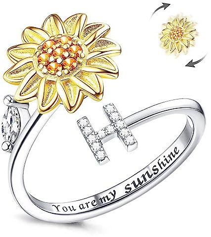 Kucheed Fidget Ring Für Frauen, Sonnenblume, Größenverstellbarer Spinner-Ring, Silber Stapelbar Anti-Stress-Buchstabe Fingerkreis, Graviert 'You Are My Sunshine' Im Inneren Des Schmucks(H)