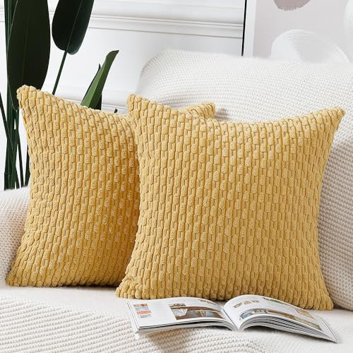Madizz 2er Set Boho Gestreifte Kissenbezüge Weicher Kord Dekorativer Kissenbezug für Schlafzimmer Sofa Kissenhülle Gelb 30 x 30 cm