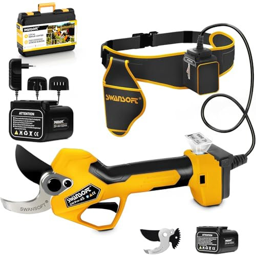 45mm Professional Electric Pruning SWANSOFT PRU45 Forbice Potatura a Batteria, Professionali 45mm 25V 1150W 4Ahx2 Cesoi a Batteria per Potatura Forbici da Potatura a Batteria Elettriche, Giallo/Nero