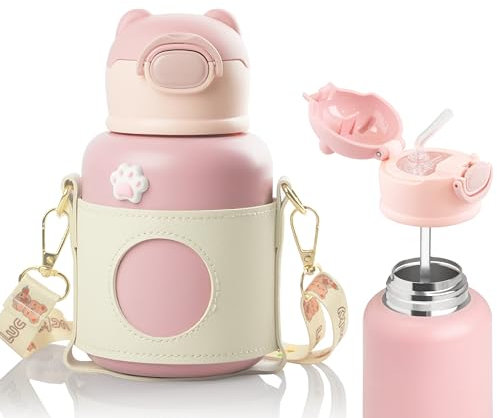 m MU Gourde Enfant Isotherme 500ml avec Paille - Sans BPA, Anti-Fuite, Verrouillage Sécurisé -Vaisselle pour École, Sport, Maternelle (Rose)
