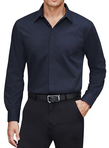 J.VER Men Dress Shirt Long Sleeve Stain Shield Stretch Casual Business Button Down Shirt Slim Fit No Iron Office Shirts for Daily Working Meeting Dating Navy Blue-XL