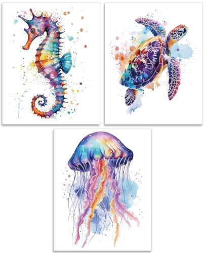 arricraft 3 Stück Wandposter Mit Meerestieren, Kunstdruckpapier Mit Schildkröte, Qualle, Seepferdchen, Aquarell, Ungerahmt, Ozeantier-Bild, Poster Für Wohnzimmer, Schlafzimmer