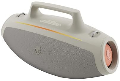 Skullcandy Barrel Wireless tragbarer Boombox-Party-Bluetooth-Lautsprecher, wasserfest (IPX5), 12 Stunden Akkulaufzeit, True Wireless Stereo mit LED-Lichtshow und Trageriemen, Cremefarbene
