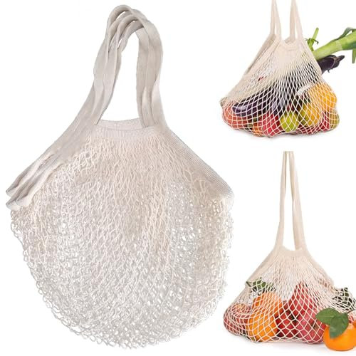 RFYTDCF 3 Stück Netztasche, Einkaufstasche Faltbar Mesh Bag Wiederverwendbare Einkaufsnetz mit Griff Langer Baumwolle Netzbeutel Tasche für Aufbewahrung Obst und Gemüse