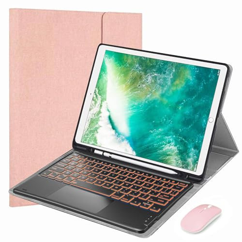 VLEAQC Keyboard Case and Mouse for iPad Pro 12.9 inch 2017/2015 (2nd & 1st Generation), 7 Colors Backlit Bluetooth Keyboard with Multi-Touch Trackpad, Slim Lightweight Protective Cover,Pink