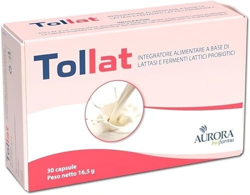 Aurora Biofarma Tollat - Integratore Lattasi con Fermenti Lattici Probiotici e Prebiotici - Assorbe 250 ml di latte per ogni capsula - 30 Pastiglie Lattosio