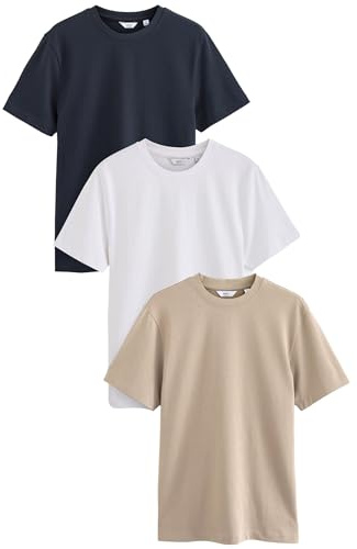 NEXT Herren Schwere T-Shirts im Relaxed Fit, 3er Pack Marine/Weiß/Stein S